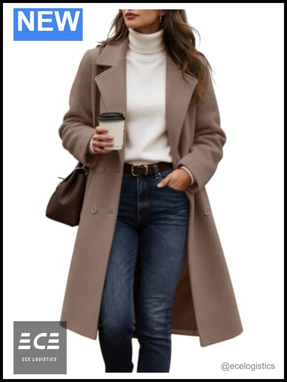 Notch Lapel Double Breasted Mid Long Peacoat Polyester Winter Coat